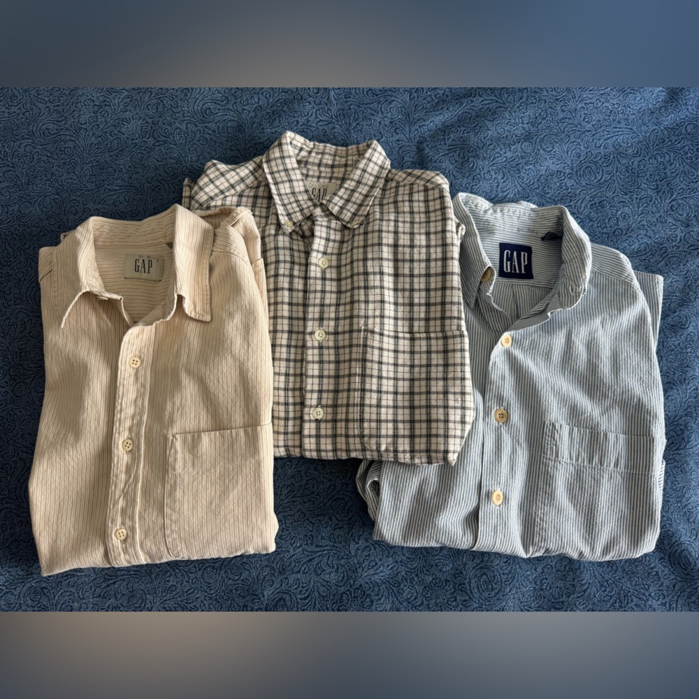 Bundle of 3 Gap Men's Plaid Button Down Shirts Neutral Blue Tan| Size S